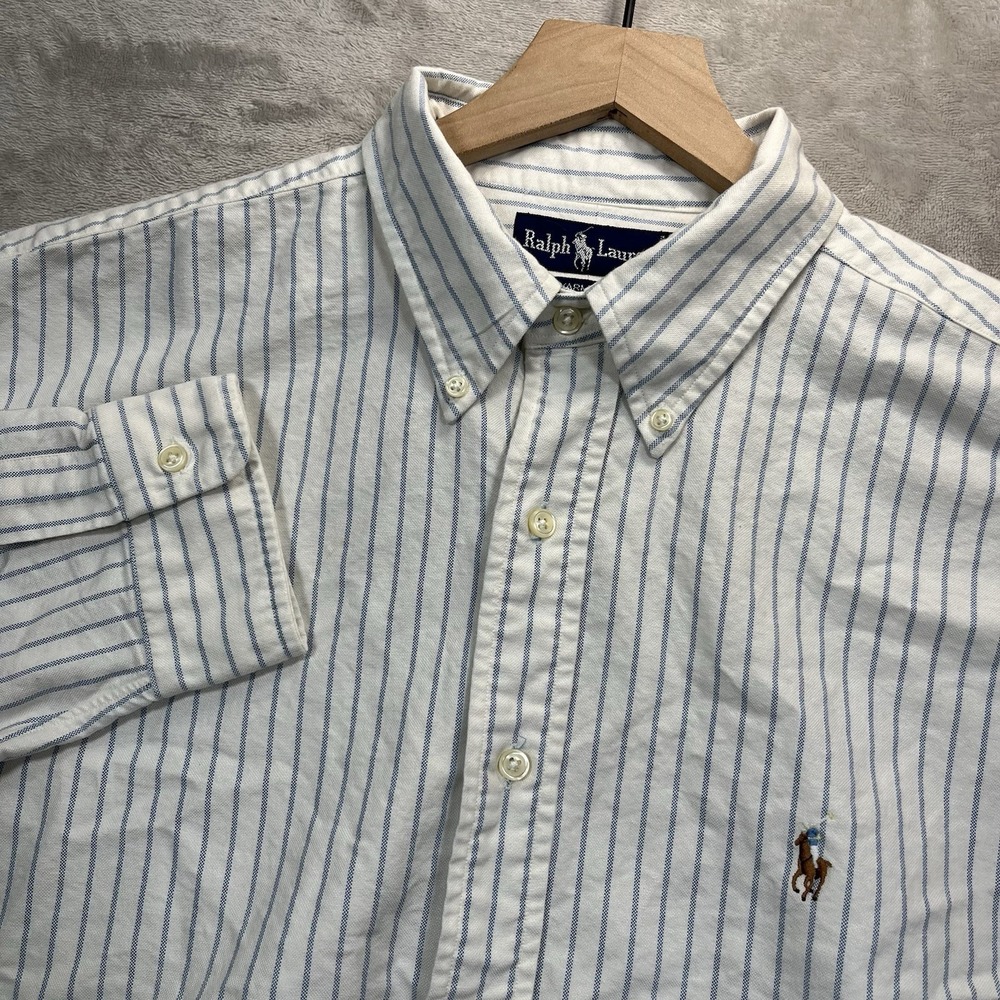 Ralph Lauren Yarmouth Shirt Men's 17-34 Cotton Blue Striped Long Sleeve